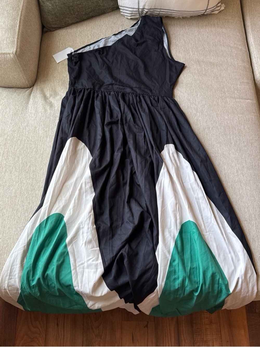Red One-Shoulder Black Maxi Dress with White and Teal Panels